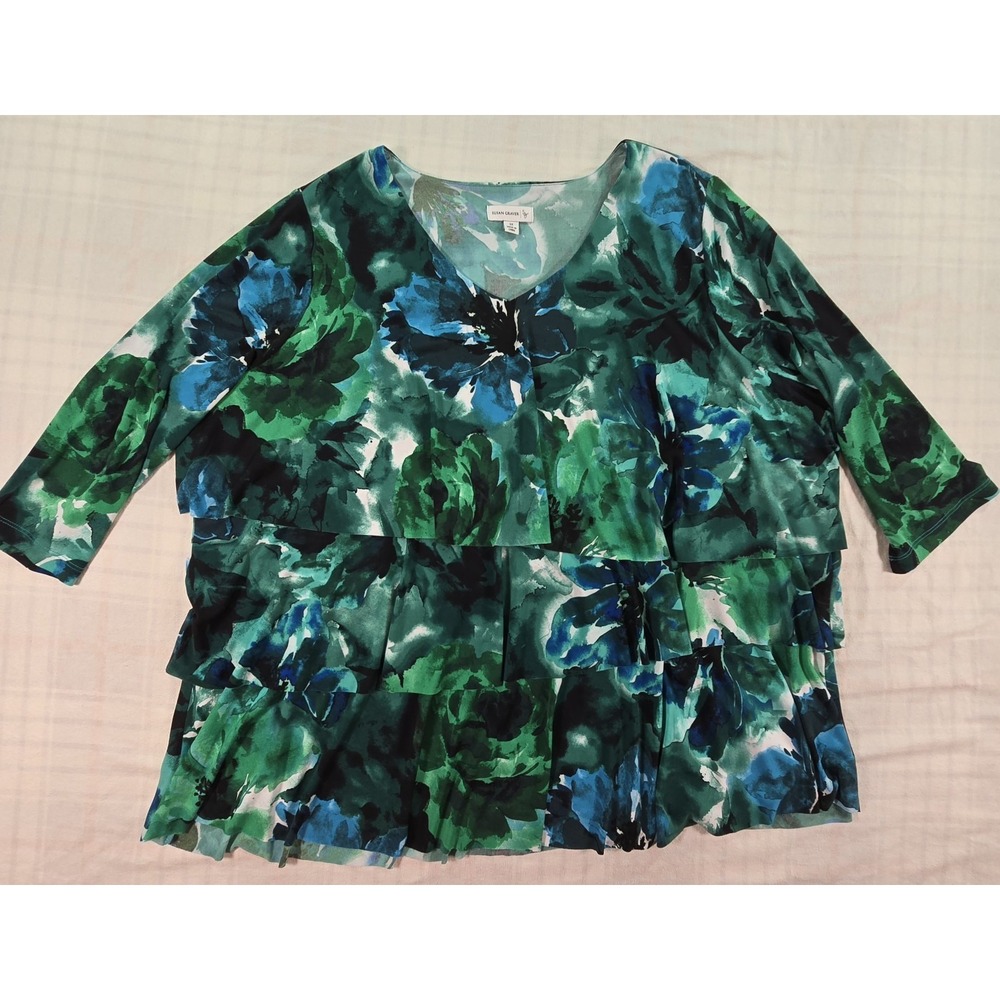 Susan Graver Womens Blouse Top Tiered Ruffles Liquid Knit Watercolor Abstract 3X